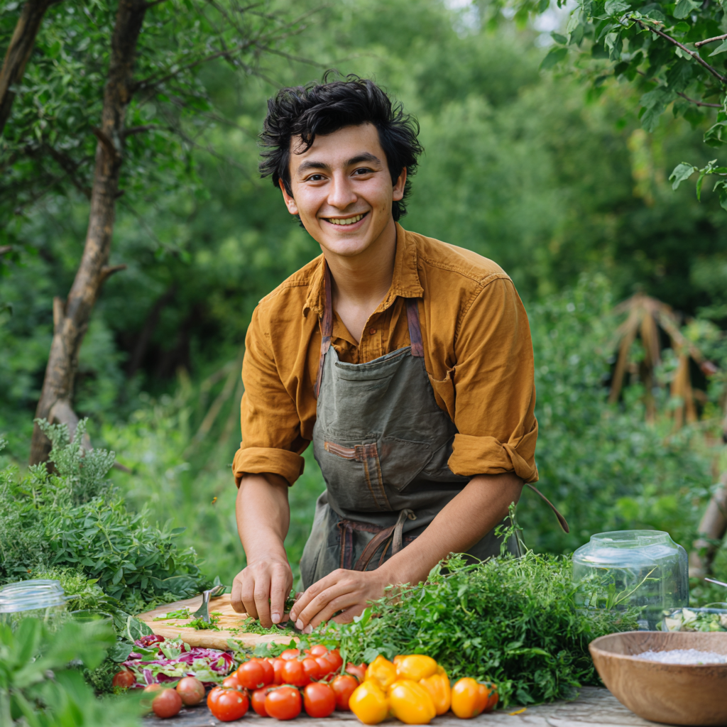 Smiling middle-aged Uzbek woman preparing colorful fresh vegetables in a modern kitchen, showing healthy meal preparation