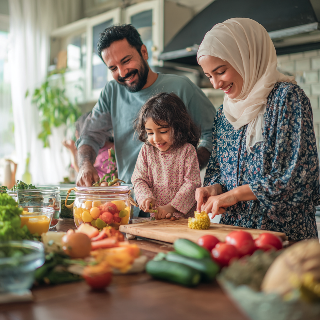 Cheerful young Uzbek man eating fresh salad at workplace during lunch break, representing healthy eating habits for active lifestyle